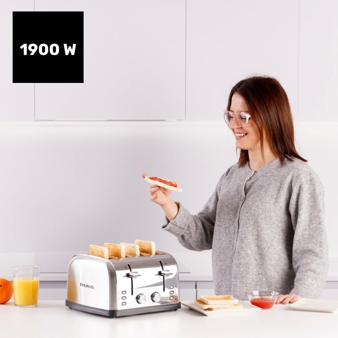 Taurus – Toaster Vintage Four 1900W | 4 Schlitze 135x35mm | 7 Bräunungsstufen | 3 Funktionen | 2 sep