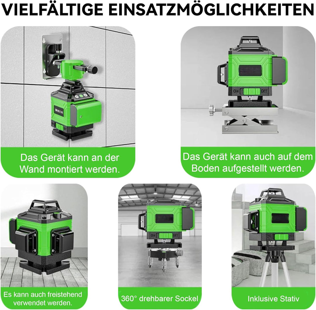 Kreuzlinienlaser mit Stativ, 4x360 Grad Grün Selbstnivellierend Laser Wasserwaage mit 2xBatterien 4D