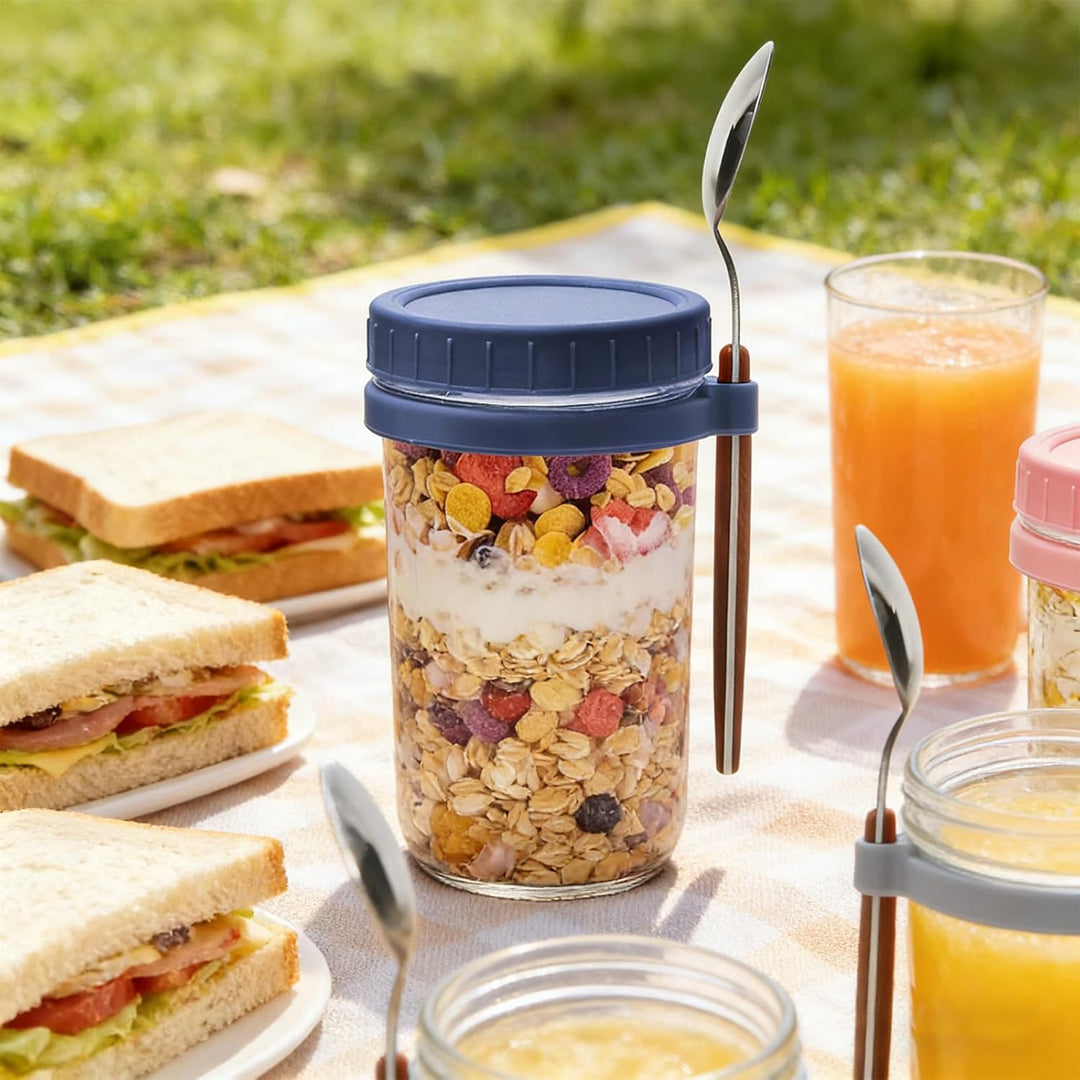 Müslibecher to go 600ml,Glas Müslibecher, joghurtbecher to go mit Deckel und Löffel,Müsli Cup to Go