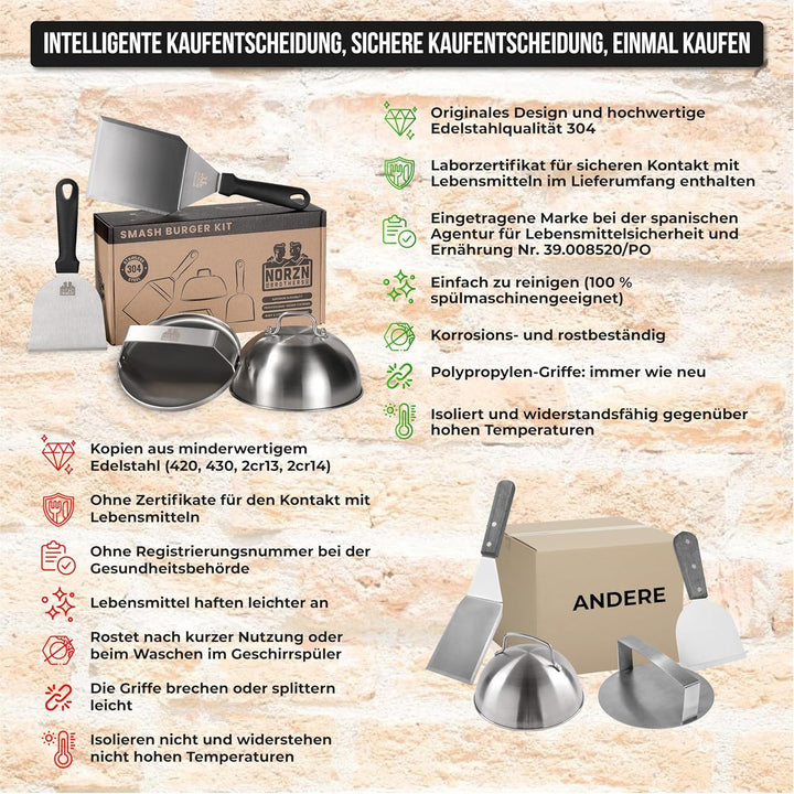 Smash Burger Set – Burger Smasher Set inkl. Hamburgerpresse, Burgerglocke Edelstahl 304, Grillspacht