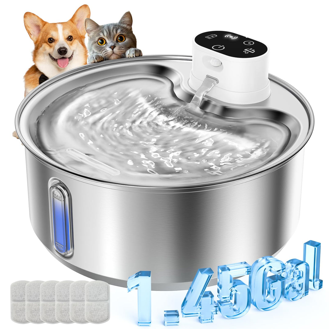 5,5 L Trinkbrunnen für Hunde Katzen Edelstahl Kabellos (6 Filter) | 5000mAh Akku mit bewegungsmelder