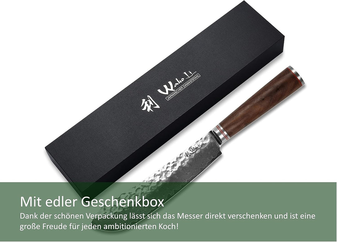 Wakoli Nussbaum Damastmesser Blockmesser mittel extrem scharfe 25 cm Klinge aus 67 Lagen I Damast Kü