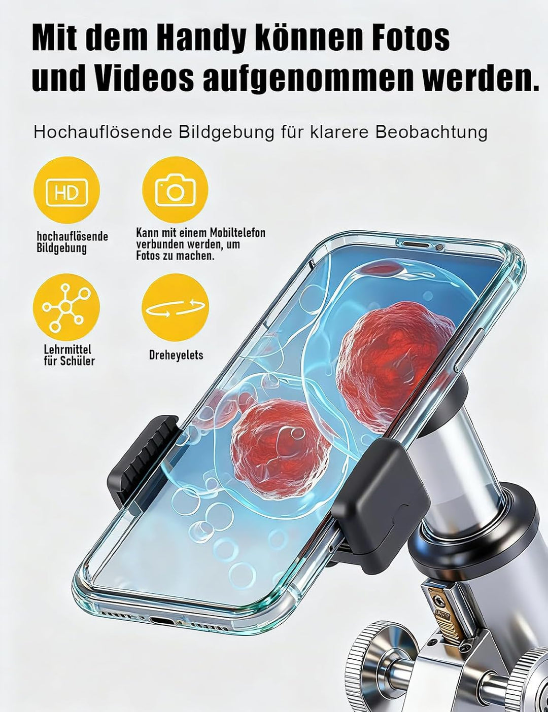 Monokulares Mikroskop, 40- bis 2000-fache Vergrösserung, mit Smartphone-Adapter, inklusive Objektträ