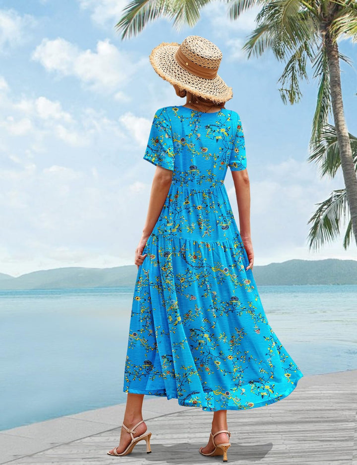 YESNO Damen Kleider Freizeit Lose Sommerkleid Lang Boho Maxikleid für Rundhals Strandkleid Blumenkle