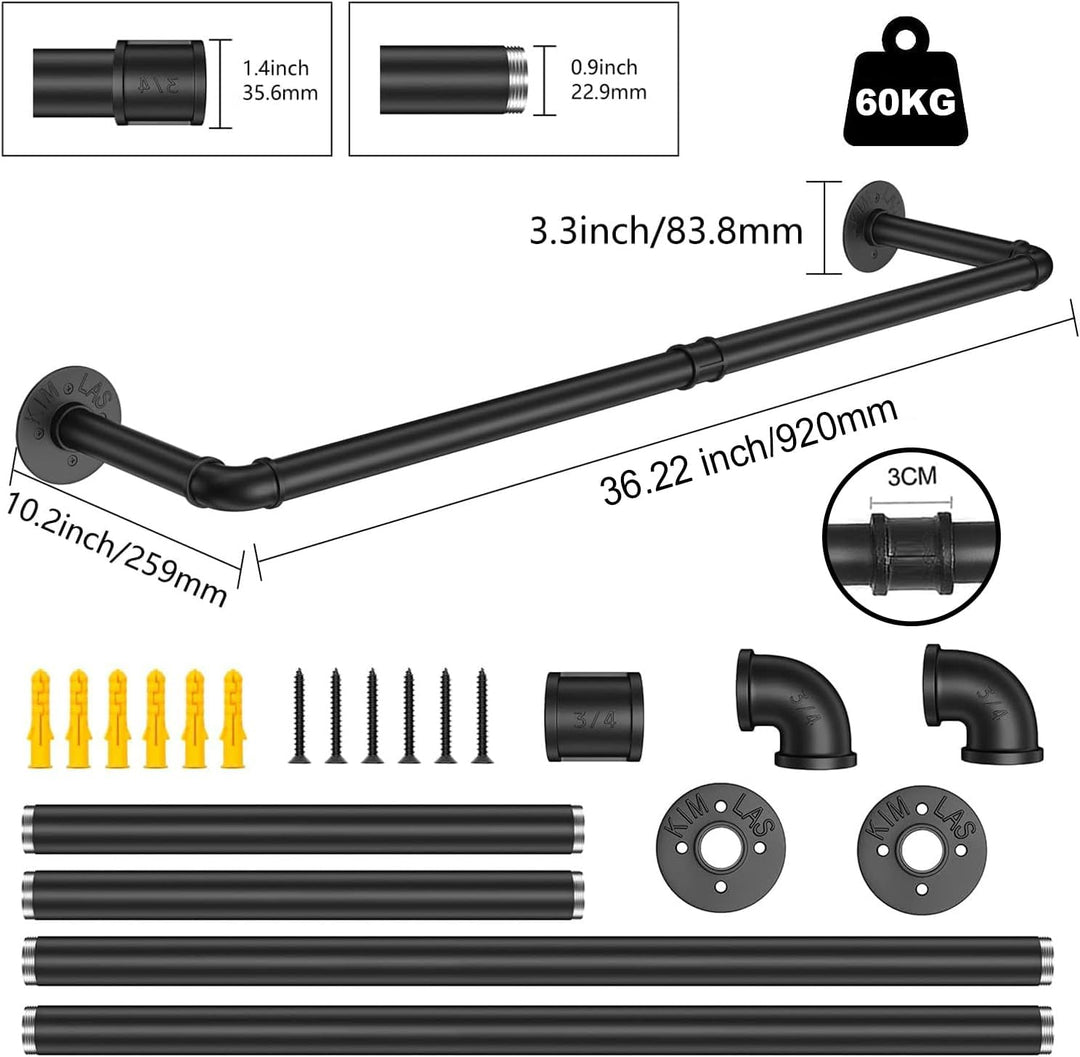 Kleiderstangen für die Wand, Industrielle Kleiderstange Wandmontage, 92 cm Strapazierfähige Kleiders