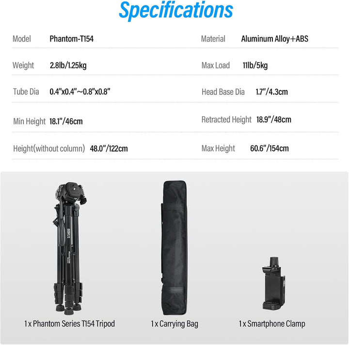 SIRUI Kamera Stativ 154cm, Aluminium Camera Tripod mit Telefonklemme Dreibein-Stative Fotostativ für