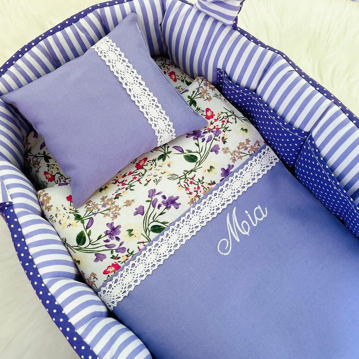 Puppentragetasche für Puppen 50-55 cm mit Bettwäsche, Lila, Personalisierung, Waschbar