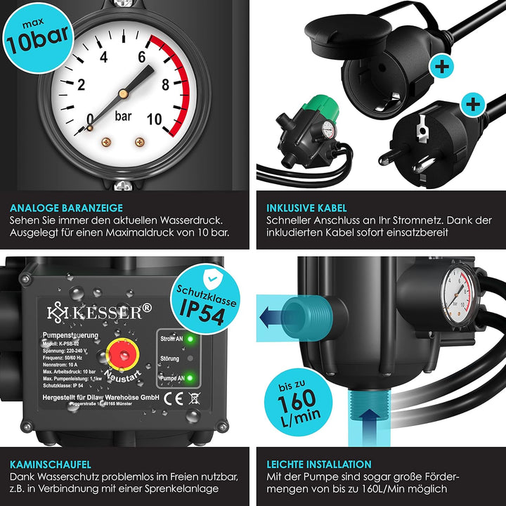 KESSER® Pumpensteuerung mit Baranzeige | mit Kabel | 10 bar Druckwächter Elektronische Pumpensteueru