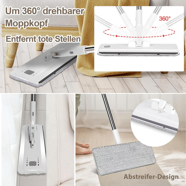 MASTERTOP Flachmopp und Eimer Set, Mikrofaser Bodenwischer mit 10 wiederverwendbaren Wischmopp-Pads