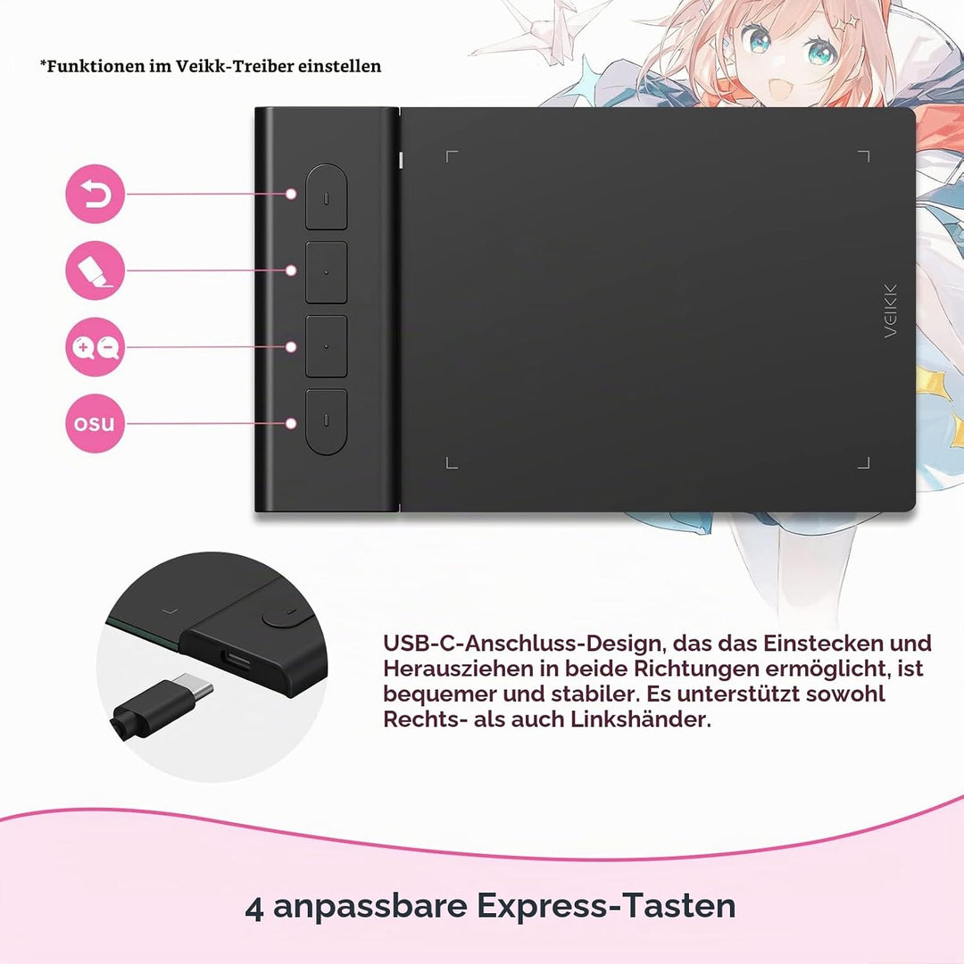 OSU Tablet VEIKK VK430,Grafiktablett 4x3 Zoll,Batterielosem Stylus mit 290RPS Berichtsrate, 8192 Dru