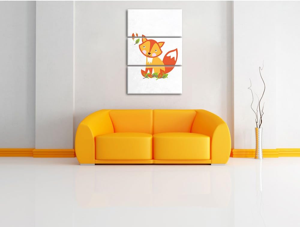Pixxprint Niedlicher Fuchs in Laub Haufen als Leinwandbild/Grösse: 3 Teilig (120x80) cm/Wandbild/Kun