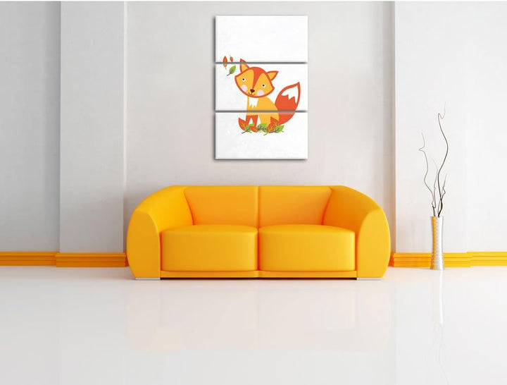Pixxprint Niedlicher Fuchs in Laub Haufen als Leinwandbild/Grösse: 3 Teilig (120x80) cm/Wandbild/Kun
