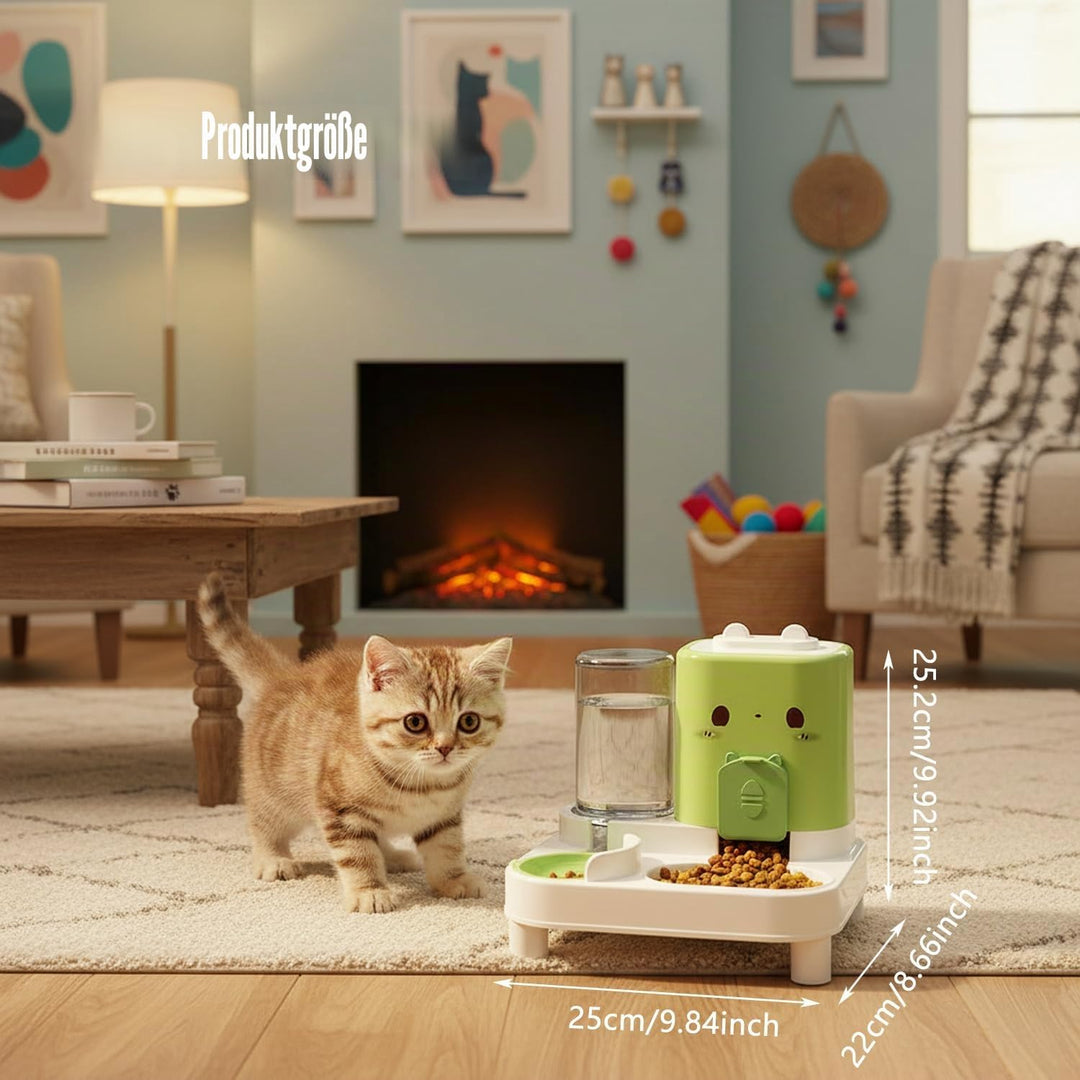 Wasserspender Futterspender für Katze und Hund, 2-In-1 Automatischer Trockenfutterspender, Automátic