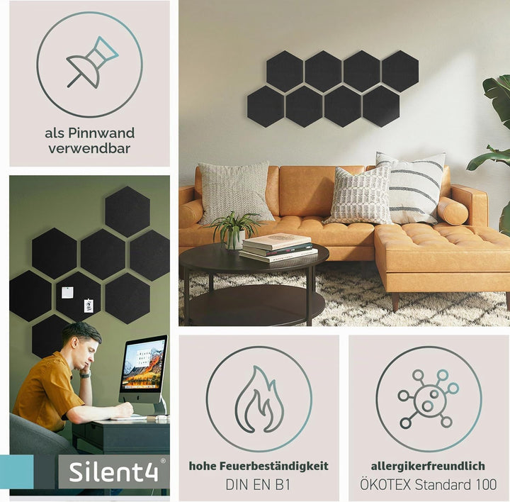 SILENT4® Schallabsorber Wand Set HEXAGON, 8 Elemente aus Akustikvlies, Klebemontage, Akustikbild Sch