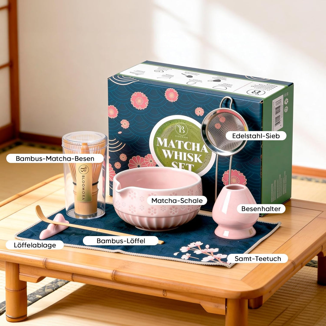 Matcha Set, Keramik Matcha Tee Set Mit Schale, Bambusbesen, Löffel, Sieb, Löffelablage, Besenhalter,