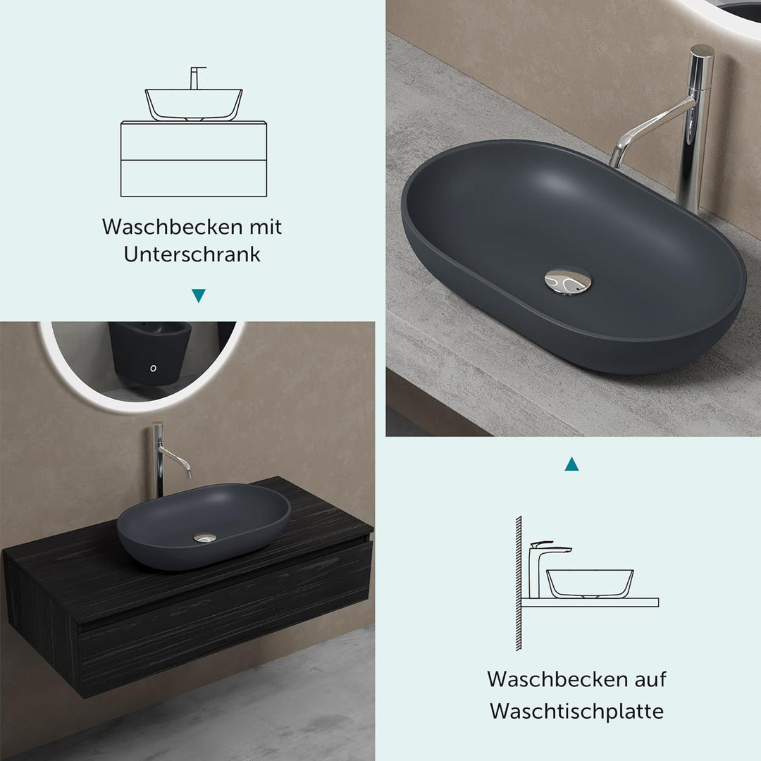Mai & Mai Aufsatzwaschbecken Col808 in Anthrazit Matt Waschschale Waschbecken aus Gussmarmor, Anthra
