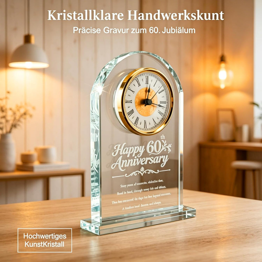Hoypeyfiy Romantische Kristall Tischuhr, Elegante Glas Uhr für das 60. Hochzeitsjubiläum Geschenk, D