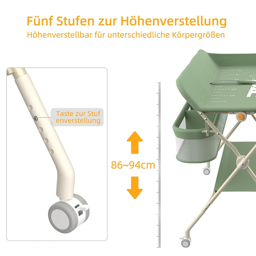 Wickelstation mit Seitenkorb, höhenverstellbarer tragbarer Wickeltisch mit feststellbaren Rädern, mu