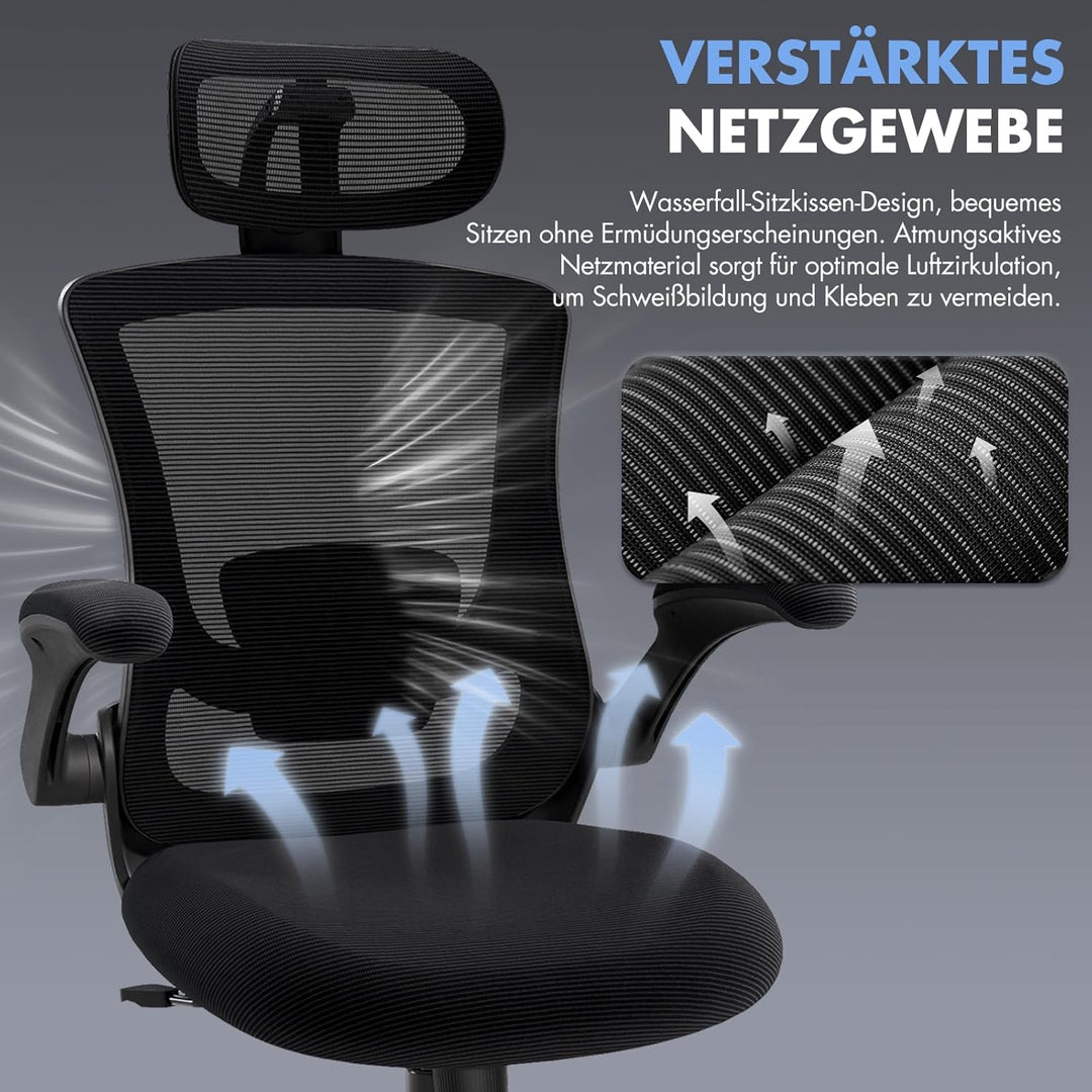 COLAMY Bürostuhl Ergonomisch, Netz-Schreibtischstuhl mit Verstellbarer Kopfstütze, Chefsessel Office