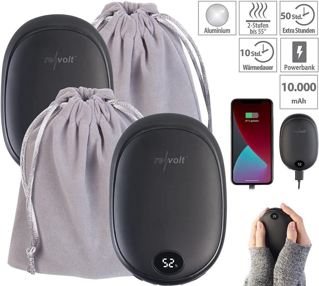 revolt Handy Akku: 2er-Set USB-Powerbank & 2-Stufen-Handwärmer, 2 A, 10.000 mAh, Display (Handtasche