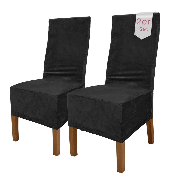 SCHEFFLER-Home Stretch Stuhlhussen Samt Puma Velvet/Velours Stuhlhussen Schwarz 2er Set/Stuhlabdecku