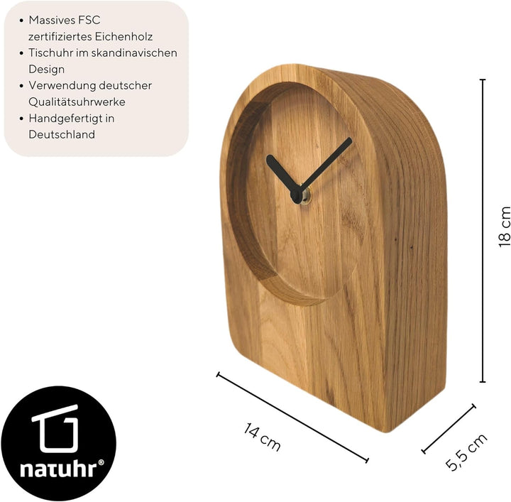 Natuhr Tischuhr Eiche Holzuhr - Dome - puristisch modern Massivholz (Eiche geölt, Schwarze Zeiger -
