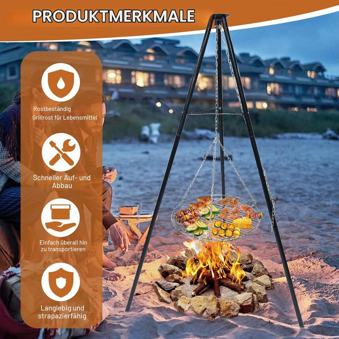 Dreibein Schwenkgrill 150 cm, Ø 48 cm 304 Edelstahl Grillplatte | Mit Kurbel &amp; Kette, Höhenverstellb