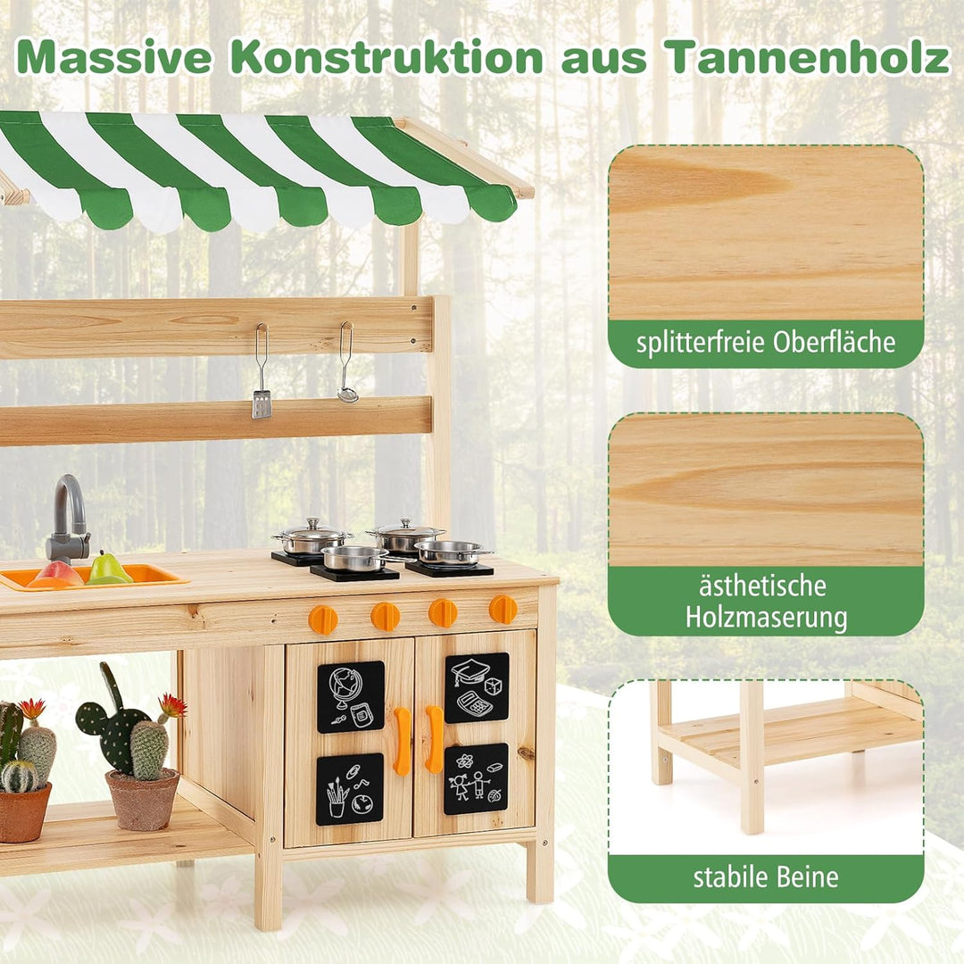 COSTWAY Matschküche Kinder Outdoor, Kinderküche Tannenholz mit Überdachung & Abnehmbarer Spüle & 4 K