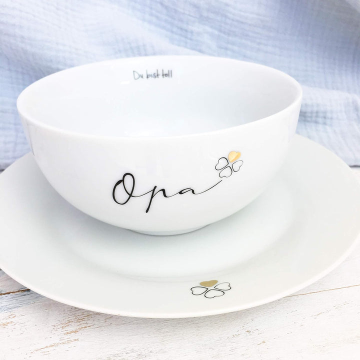 mintkind® Geschirr Set Lieblingsopa – Tasse, Teller &amp; Schale in weiss