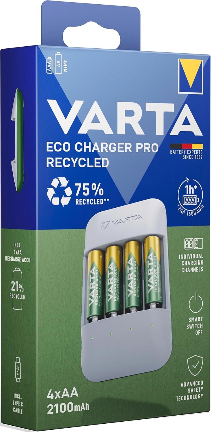 VARTA Akku Ladegerät, inkl. 4x AA 2100mAh, Batterieladegerät für wiederaufladbare AA/AAA Batterien,