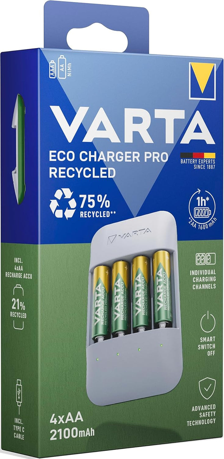 VARTA Akku Ladegerät, inkl. 4x AA 2100mAh, Batterieladegerät für wiederaufladbare AA/AAA Batterien,