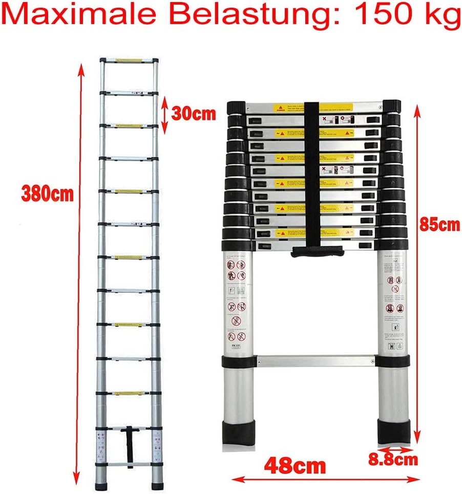 3,8M Teleskopleiter, Mehrzweckleiter Aluminium, 150 kg/330 Pfund Belastbarkeit, Ausziehbar Aluleiter