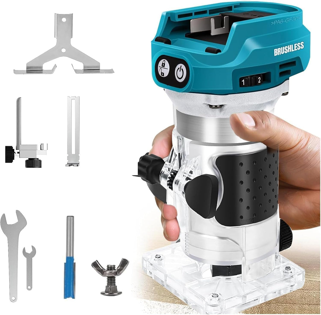 Akku Oberfräse kompatibel mit Makita 18V Akku,1400W Oberfräse Trimmer Einhandfräse Bürstenloser, Hol