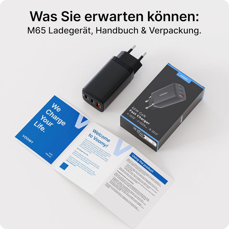 VOOMY USB C Ladegerät 65W, Schnellladegerät GaN Charger, USB Ladegerät Mehrfach 3-Port, USB C Netzte