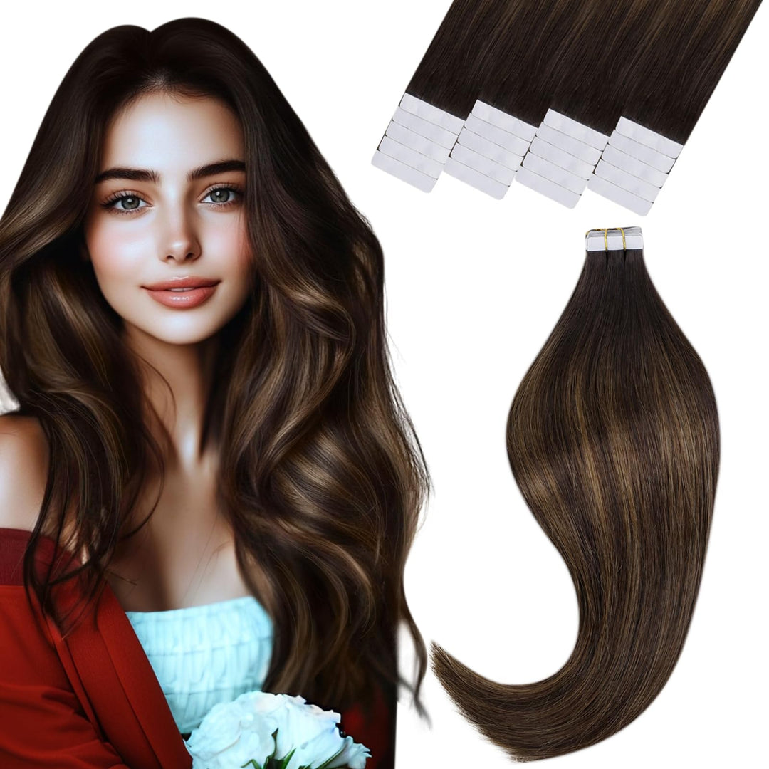 Vivien Extensions Echthaar Tape Braun Balayage 60cm Echthaar Extensions Tape in Dunkelbraun bis Hell