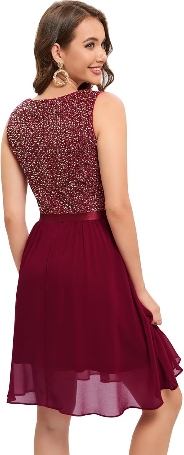 Bbonlinedress Glitzer Kleid Damen elegant Rundhals festliches jugendweihes Kleid mit Pailletten Cock