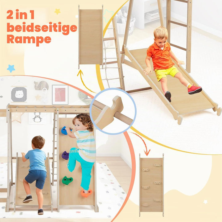 COSTWAY Klettergerüst Indoor, 6 in 1 Kletterleiter & Kletterstrick & Kletterfelsen & Rutsche & Affen