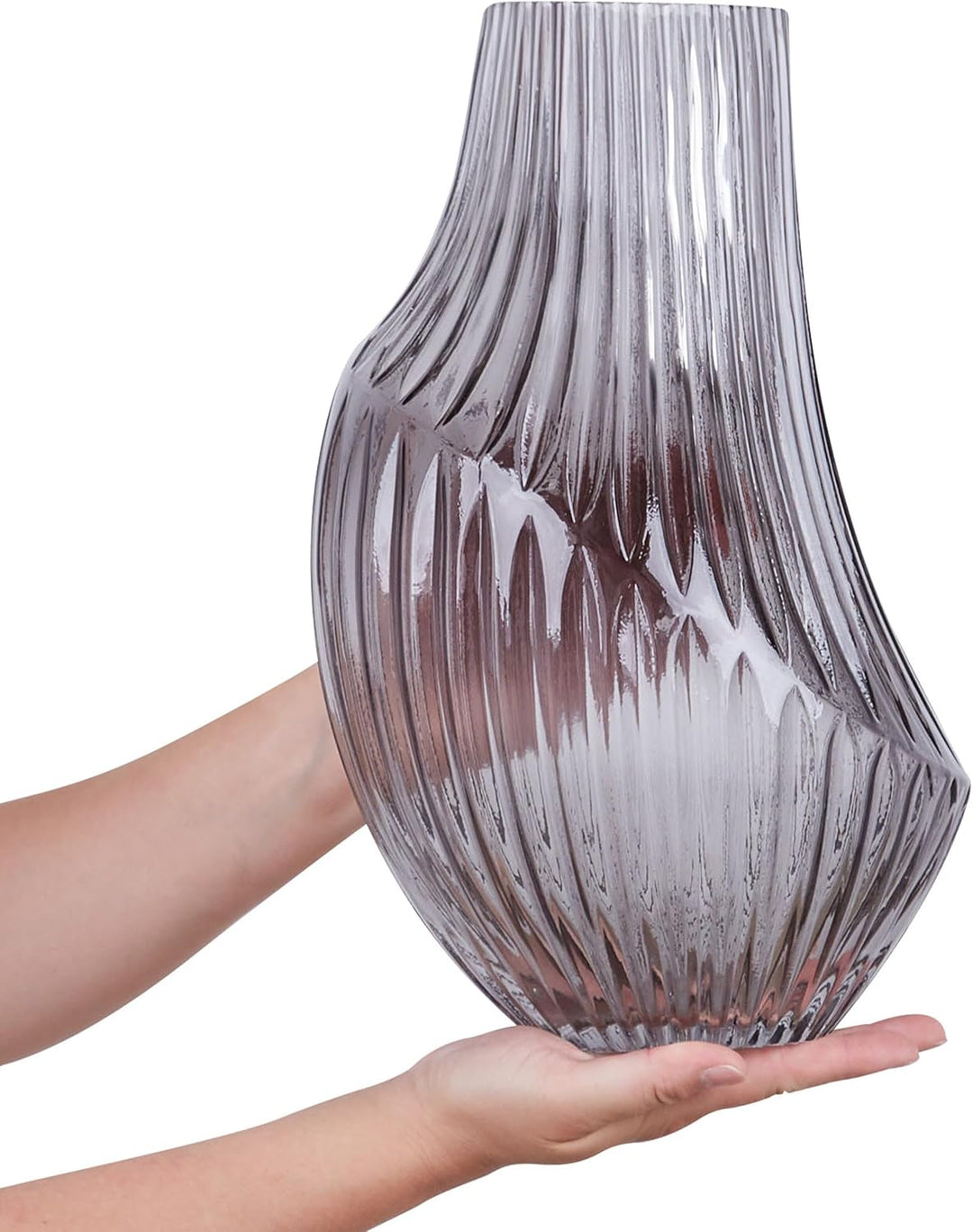 Deko Blumenvase Glas grau 36 cm bauchig Rillen-Struktur breite Öffnung Myrsina