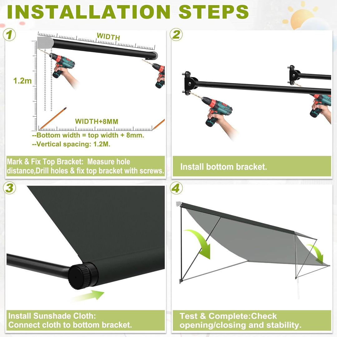 UISEBRT Fallarmmarkise Fenstermarkise einziehbar 235x145 cm, Balkonmarkise mit Kordel und Aluminium