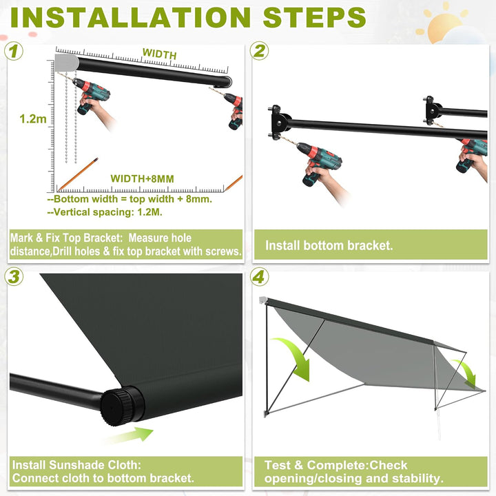 UISEBRT Fallarmmarkise Fenstermarkise einziehbar 150x145 cm, Balkonmarkise mit Kordel und Aluminium