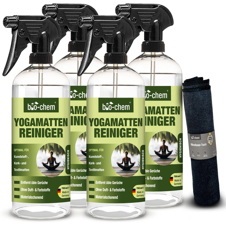 bio-chem Yogamatten-Reiniger - 4x 750 ml inkl. Mikrofasertuch - für Kunststoff- Kork und Textilmatte