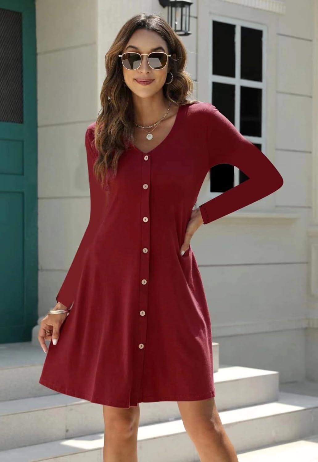 RosyWing Kleid Damen Langarm V-Ausschnitt Einfarbig Knielang Freizeitkleid Knopfleiste A-Linien Midi