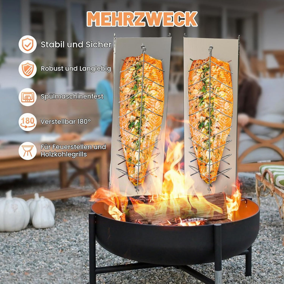onlyfire Flammlachsbrett Edelstahl, Extra Breit 19cm Flammlachshalter, Lachsbretter zum Grillen Feue