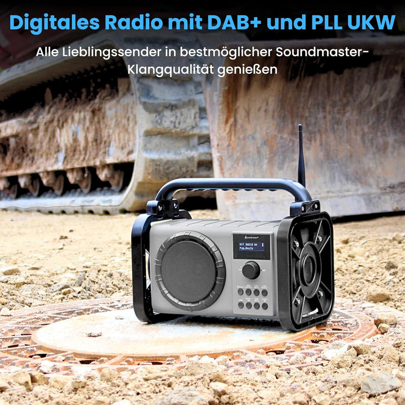 Soundmaster DAB80OR Baustellenradio mit DAB+ UKW Bluetooth und Li-Ion Akku IP44 Staub- und spritzwas