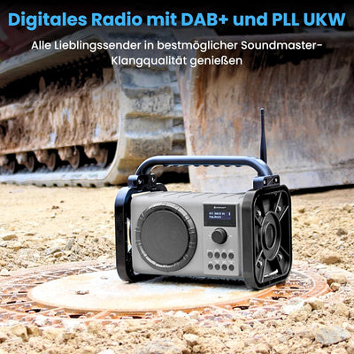 Soundmaster DAB80SG Baustellenradio mit DAB+ UKW Bluetooth und Li-Ion Akku IP44 Staub- und spritzwas