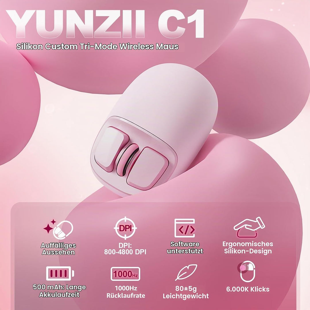 YUNZII C1 Silikon-Funkmaus,Tri-Mode 2,4 GHz/USB-C/Bluetooth Maus, 4800 DPI Optisches Abtastung, 6 Ve