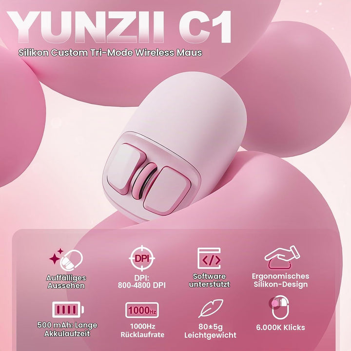 YUNZII C1 Silikon-Funkmaus,Tri-Mode 2,4 GHz/USB-C/Bluetooth Maus, 4800 DPI Optisches Abtastung, 6 Ve