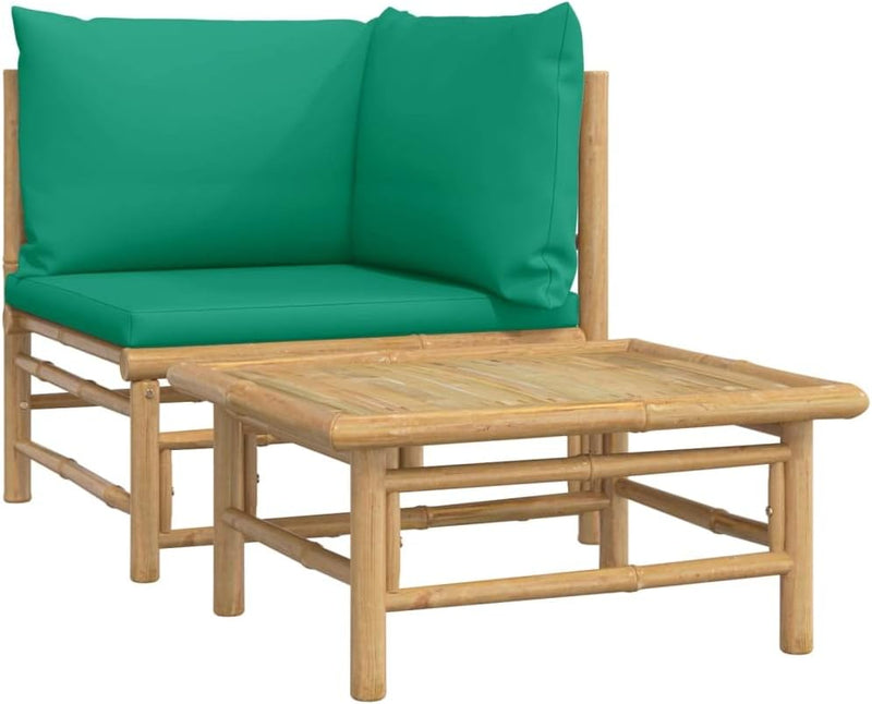 vidaXL 2-TLG. Garten-Lounge-Set mit Grünen Kissen Bambus Eckteil + Tisch Grün, Eckteil + Tisch Grün