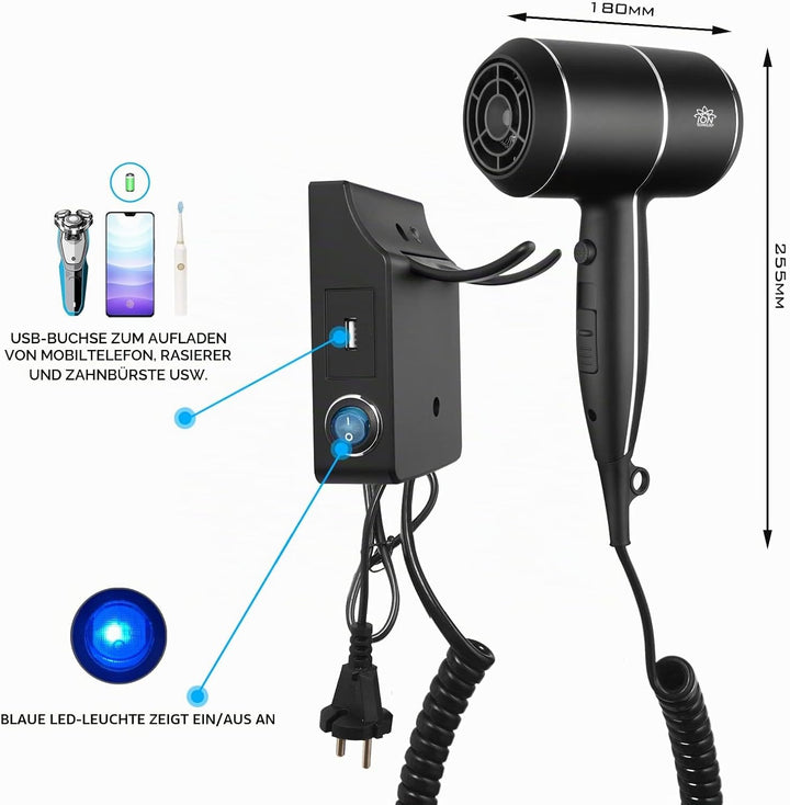 QL Haartrockner Ionen mit Wandhalterung und USB-Steckdose,Föhn mit ThermoProtect Technologie 2000wat
