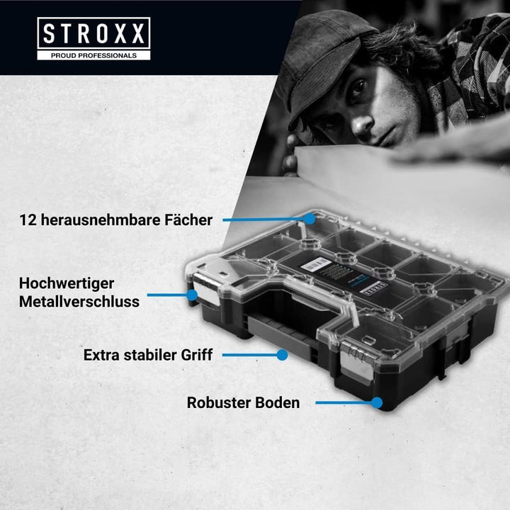 STROXX® Sortimentskasten 454x360x105mm - Werkzeugbox mit vielen Fächern - stapelbar für Garage/Werks